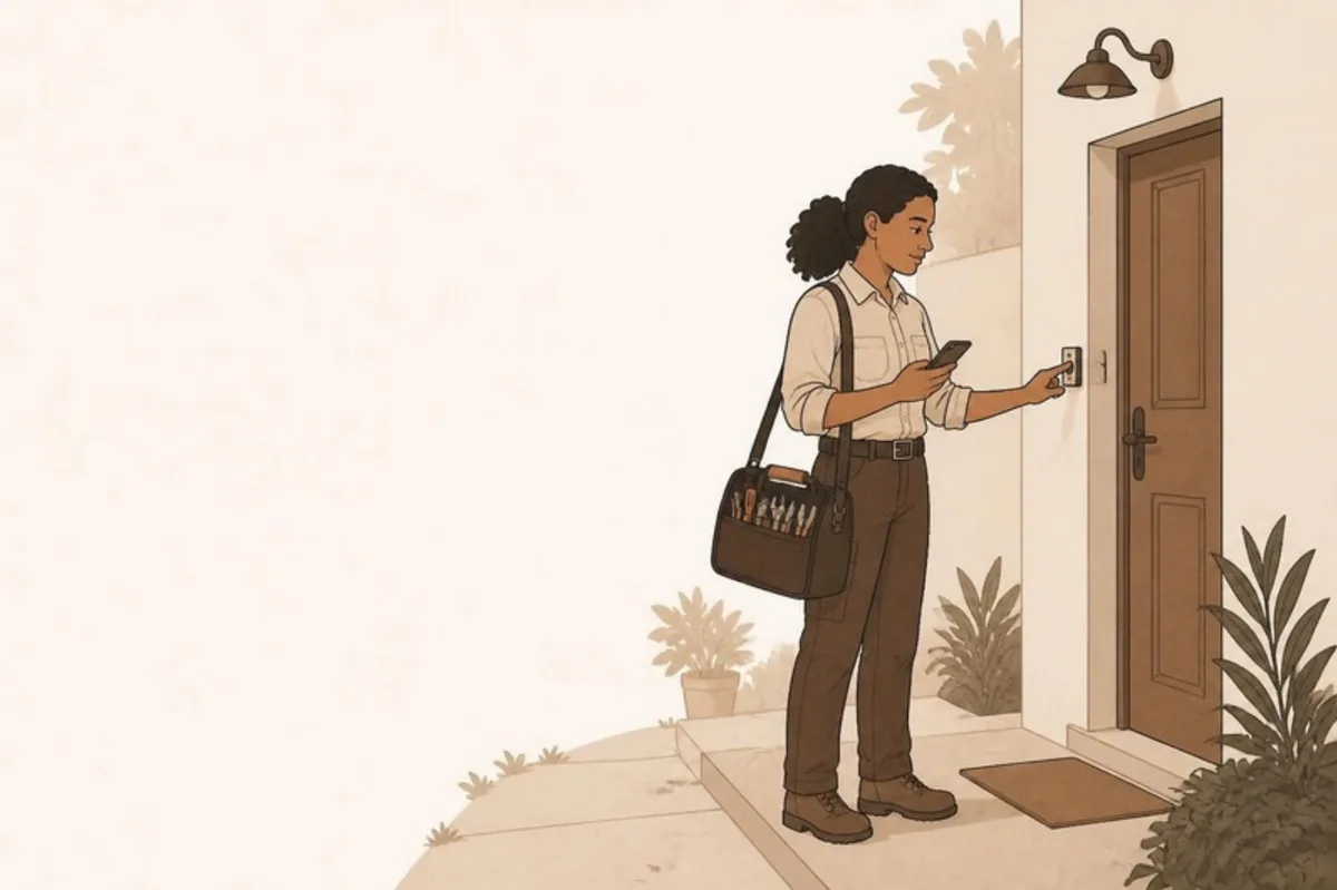 Prestadora toca a campainha na porta do cliente, com o celular na mão.